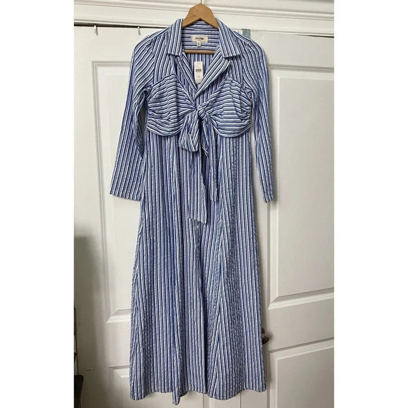 NWT Anthropologie Porridge Tie Front Blue White Stripe  Crinkle Maxi Dress XXS - Picture 2 of 8